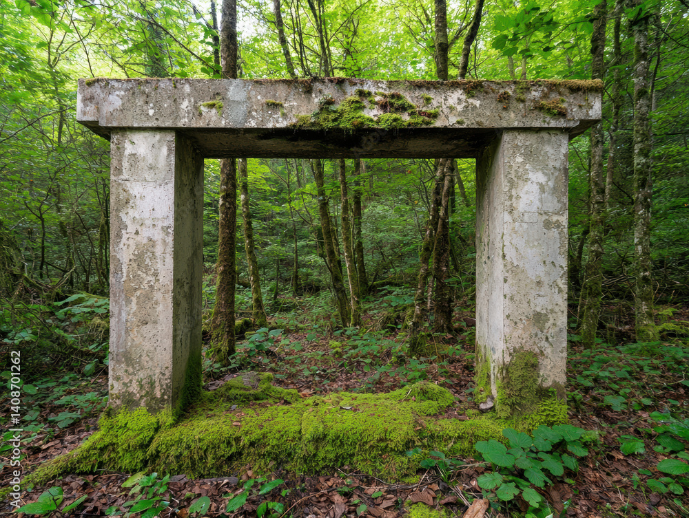 A weathered concrete structure stands amidst lush greenery, partially covered in moss, symbolizing nature's reclamation of man-made objects. A weathered concrete structure stands amidst lush greenery, partially covered in moss, symbolizing nature's reclamation of man-made objects.
