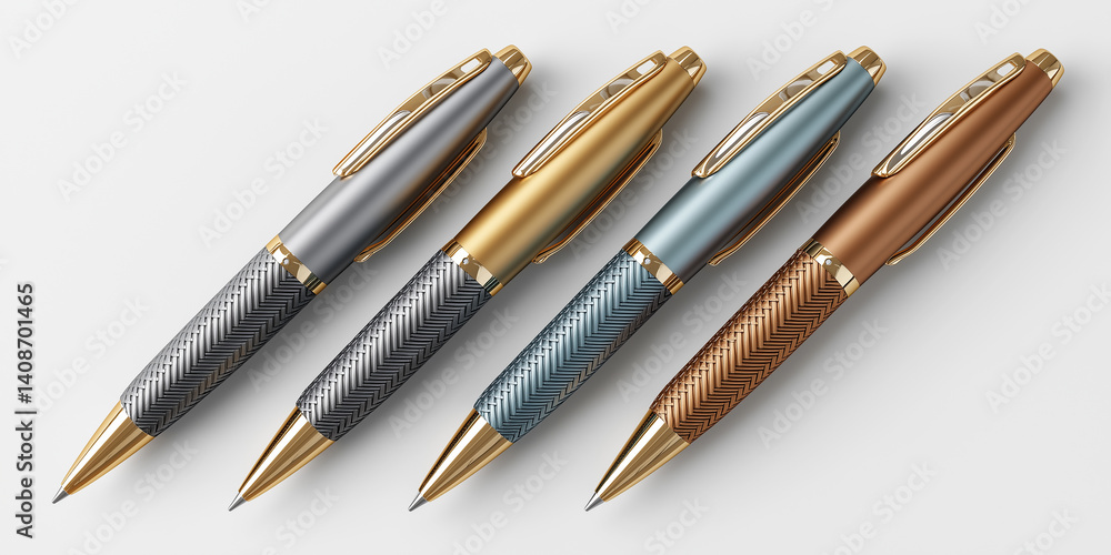 Fototapeta premium Four elegant metallic pens with gold accents lying on white background