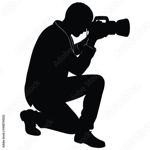 Photographer Silhouette With Camera Kneeling On White Background Shooting