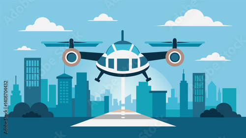 The powerful engines of the eVTOL rumbled as it lifted off from the designated pad creating a deafening noise that echoed through the surrounding buildings.. Vector illustration