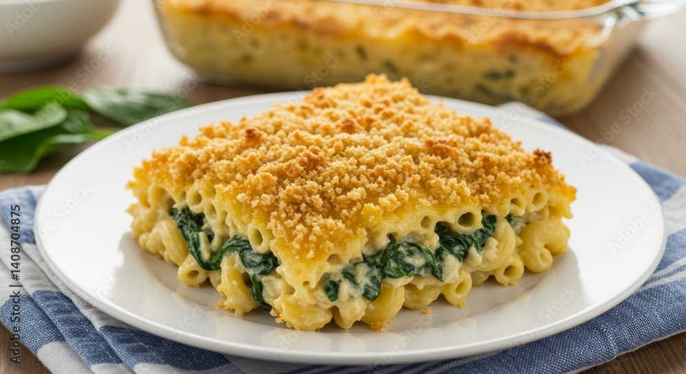 Delightful spinach macaroni and cheese with toasted breadcrumbs on white plate Delightful spinach macaroni and cheese with toasted breadcrumbs on white plate