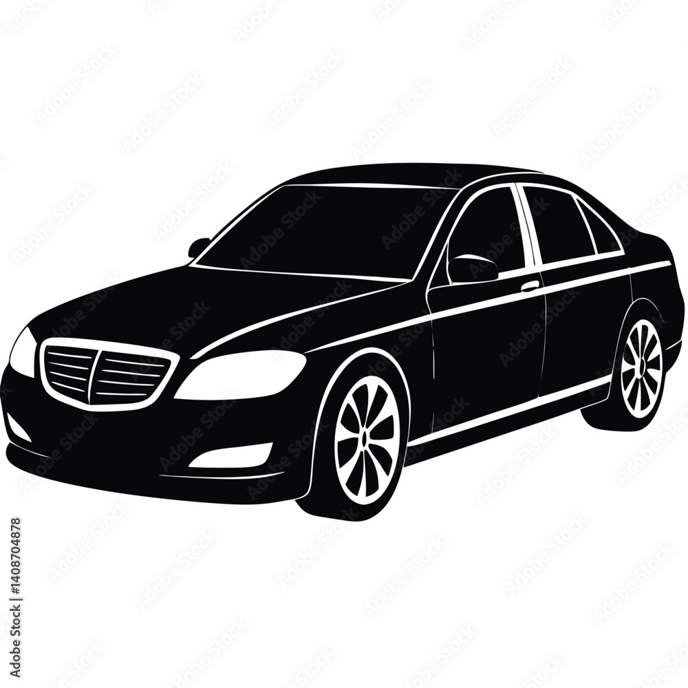 Fototapeta premium Sedan Car Silhouette, Side View Isolated on White. Vehicle with Alloy Wheel