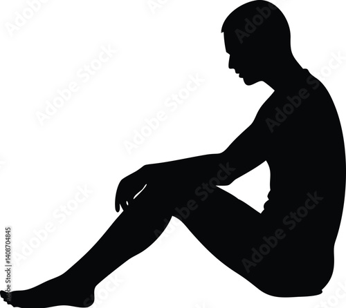 Seated Man Silhouette, Side Profile Gaze Downward, Isolated on Transparent