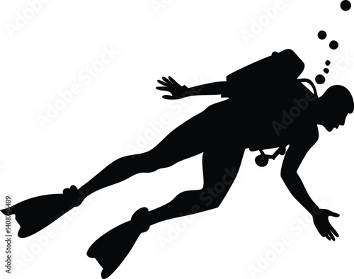 Silhouette of Diver with Flippers and Air Bubbles on a Transparent Background