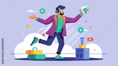 A street performer incorporating augmented reality elements into their act to create a truly immersive experience for their audience.. Vector illustration