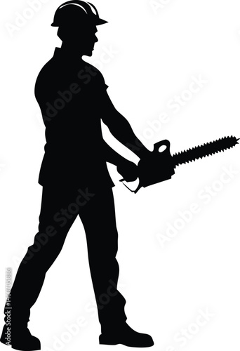 Silhouette of Man in Hard Hat Holding Chainsaw on Transparent Background