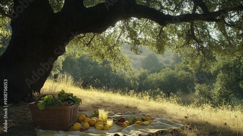 A picnic with food is spread under the branches of a tree