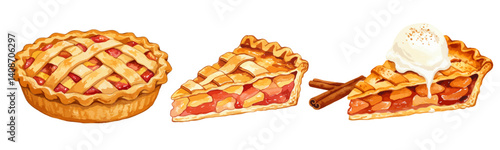 リンゴパイの水彩風イラスト シナモンとアイスクリームと林檎のスイーツ ケーキタルト
