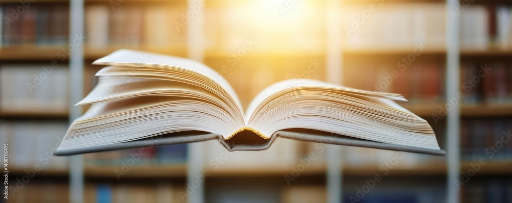 Naklejka premium Books floating in the air on reading and shelf concept. An open book with glowing light, symbolizing knowledge and discovery.