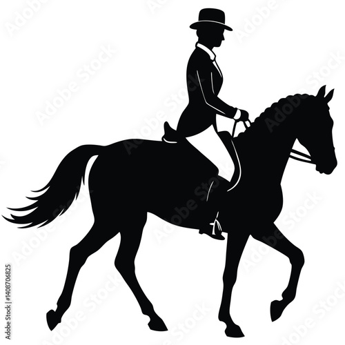 Silhouette Woman Rider on Horseback, Equestrian Sport, Dressage, Black and White