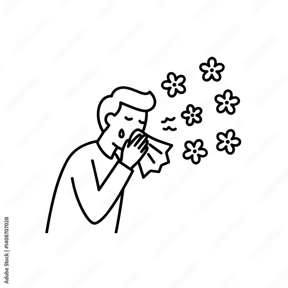 Man sneezing due to allergies with flowers, polen and bloom Man sneezing due to allergies with flowers, polen and bloom