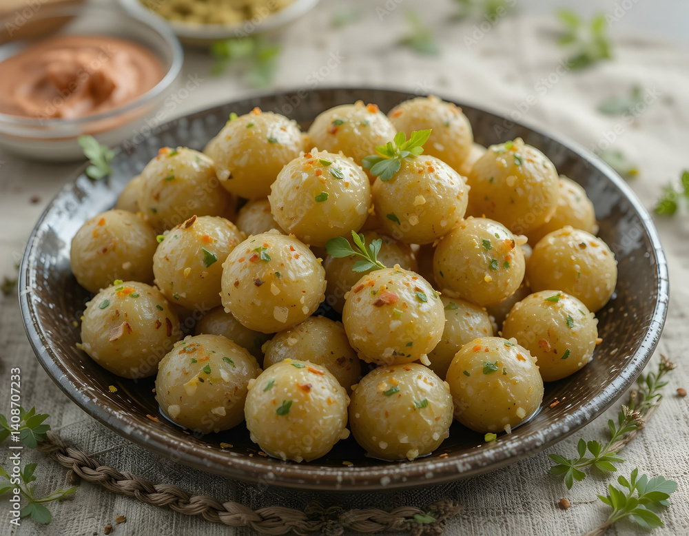 Serving of Seasoned Potato Balls Appetizer Dish Serving of Seasoned Potato Balls Appetizer Dish