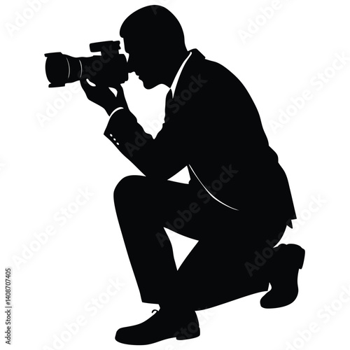 Squatting Photographer Silhouette with Camera, Ready to Shoot, Isolated on White