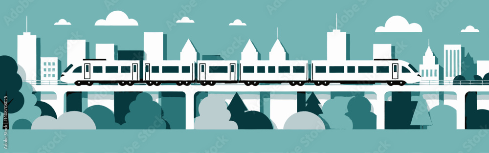 Obraz premium A_modern_cityscape_with_a_train_on_a_bridge,_rendered_in_a_stylized_paper-cut_style_with_various_shades_of_teal_and_white_buildings_and_foliage