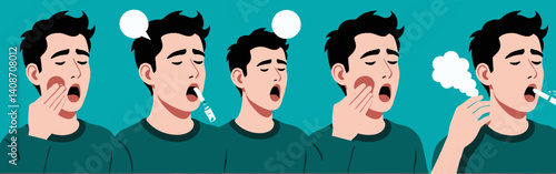 A_man_suffering_from_a_toothache_using_different_remedies_and_experiencing_relief_illustrated_in_a_series_of_cartoon_panels_with_a_teal_background_