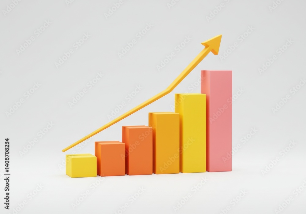 A colorful bar graph with an arrow pointing upwards on a plain white background showing growth A colorful bar graph with an arrow pointing upwards on a plain white background showing growth