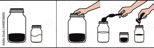 Two_panels_show_liquids_in_jars,_first_jars_with_different_levels_of_liquids,_second_panel_shows_transferring_dark_liquid_from_one_jar_to_another_with_spoons