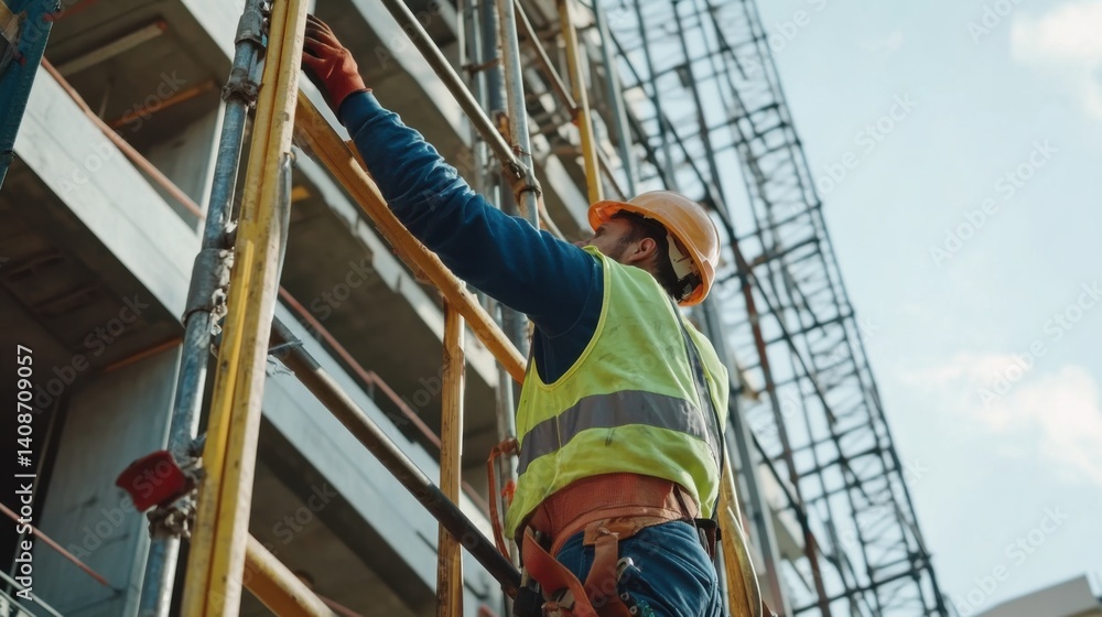A construction worker adjusting scaffolding at a building site. Featuring teamwork and safety A construction worker adjusting scaffolding at a building site. Featuring teamwork and safety