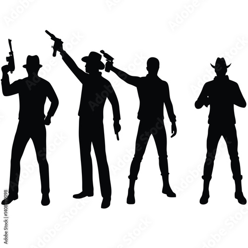 Western Men Silhouette Firing Guns Wearing Hats, Cowboy Bandits Posing, Black Silhouettes