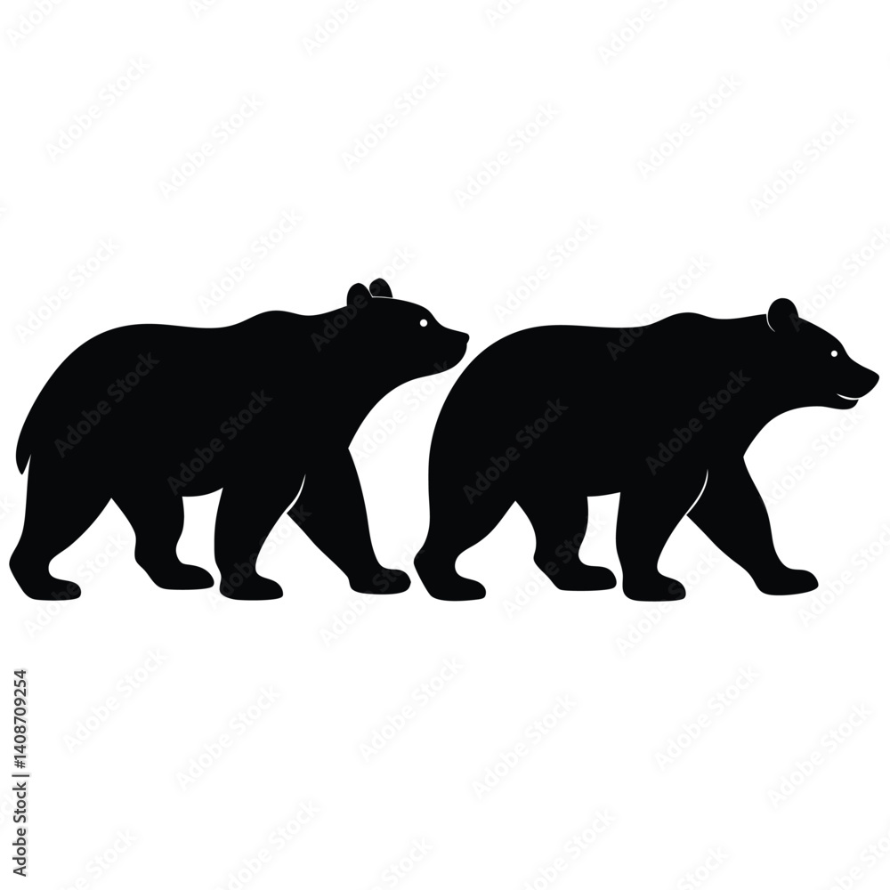 Fototapeta premium Black bear silhouettes set walking on white background high resolution picture