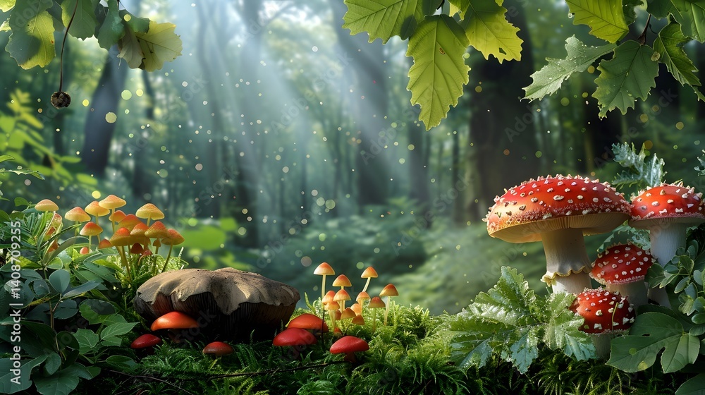 Lush forest scene with colorful mushrooms
