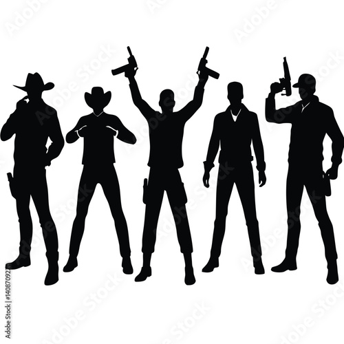 Wild West Outlaws Silhouette with Guns Raised on Transparent Background