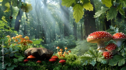 Obraz na płótnie Lush forest scene with colorful mushrooms w salonie