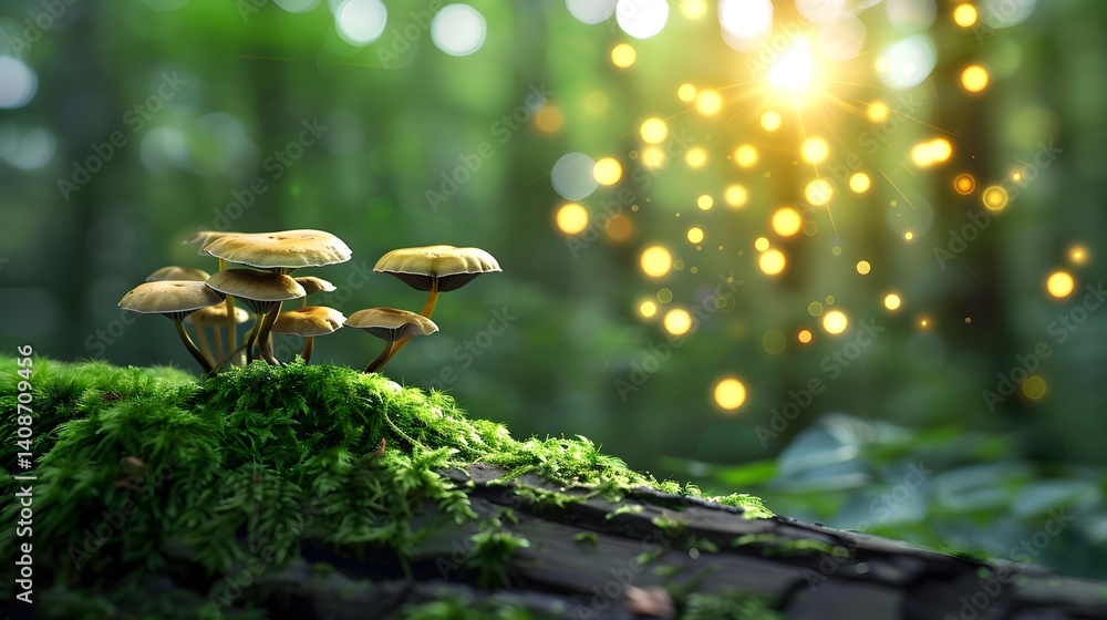 Glowing mushrooms on mossy forest floor