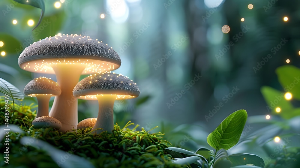 Glowing mushrooms in a lush forest setting