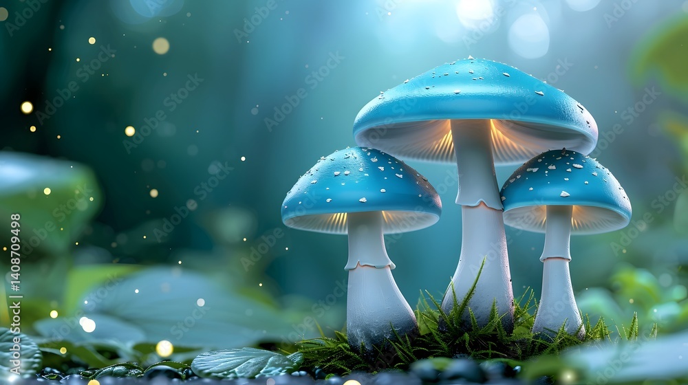 Glowing blue mushrooms in a lush forest