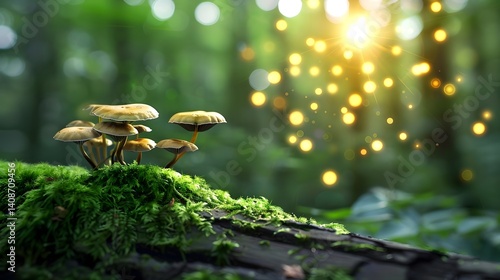 Obraz na płótnie Glowing mushrooms on mossy forest floor w salonie