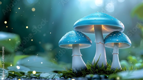 Glowing blue mushrooms in a lush forest