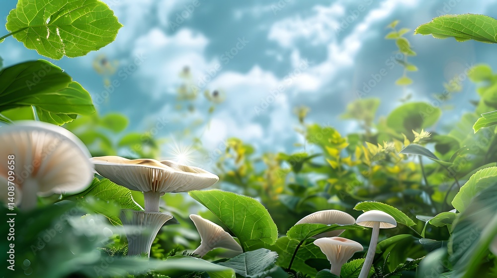 A serene natural landscape with lush foliage and mushrooms long title A tranquil verdant scene