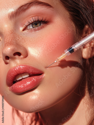 Doctor in medical gloves with syringe injects fillers and botox for rejuvenating wrinkle and anti aging non surgical mesotherapy treatment for face  ai generative