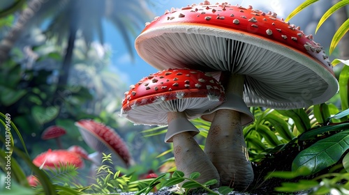 Vibrant red mushrooms growing in a lush forest environment