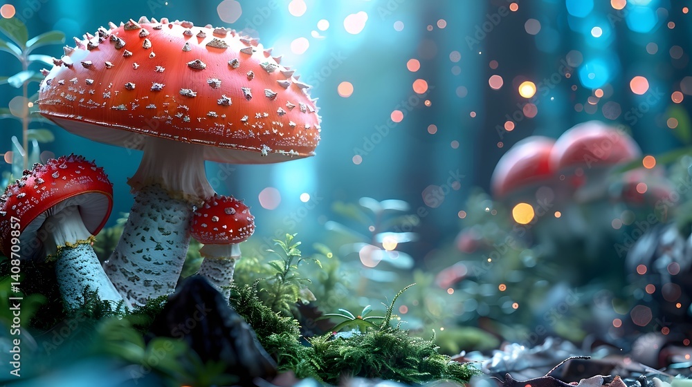Fantastical mushroom in a magical forest scene