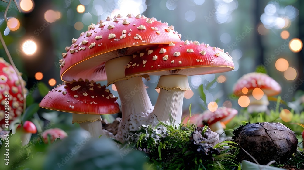 Vibrant red mushrooms in a lush forest