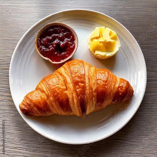 Classic French Croissant Served with Butter and Jam