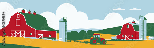 A_farm_landscape_with_red_barns_silos_rolling_fields_tractor_white_clouds_blue_sky_creates_peaceful_agricultural_scene