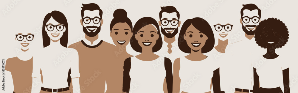 Fototapeta premium Diverse_group_of_people_smiling_and_wearing_glasses_in_a_row_featuring_various_ethnicities_and_hairstyles_against_a_neutral_background