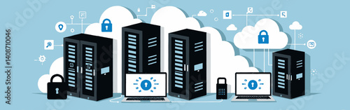 Cloud_computing_and_security_concept_with_servers_laptops_and_padlocks_connected_by_a_network_of_white_lines_and_cloud_shapes_on_a_blue_background