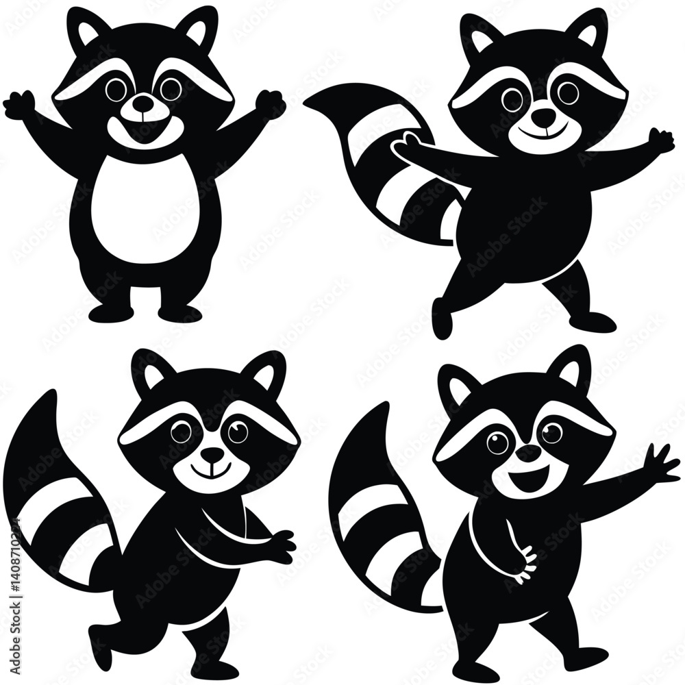 Animated Raccoon Silhouettes on White, Playful Animals with Striped Tails Animated Raccoon Silhouettes on White, Playful Animals with Striped Tails