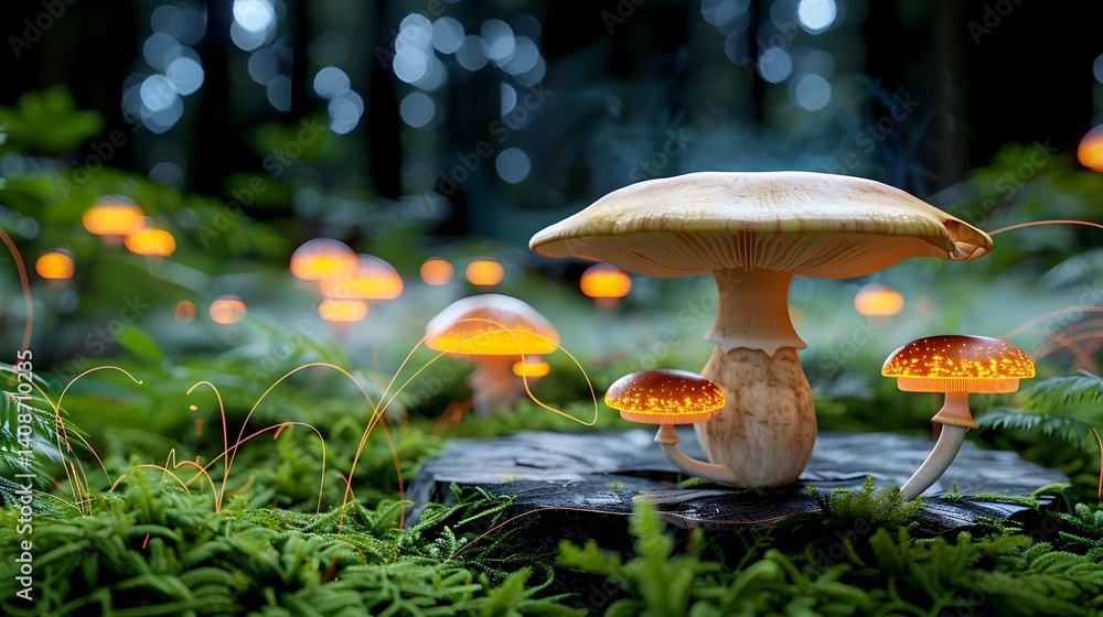 Colorful mushrooms growing in a lush forest
