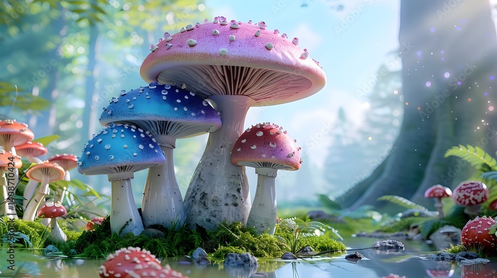 Vibrant fantasy mushrooms in a lush forest landscape