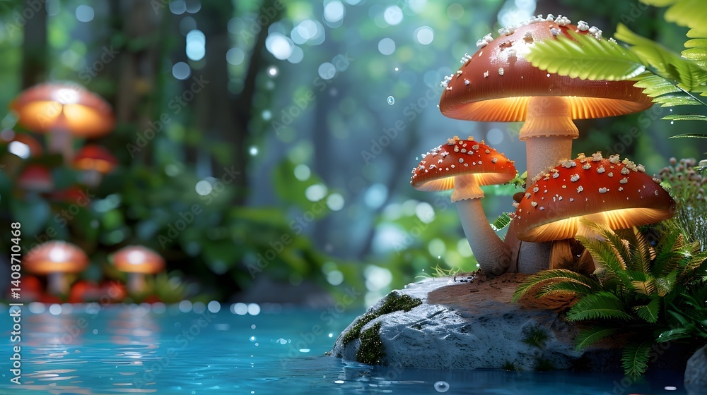 Enchanting mushroom forest with a mystical pool