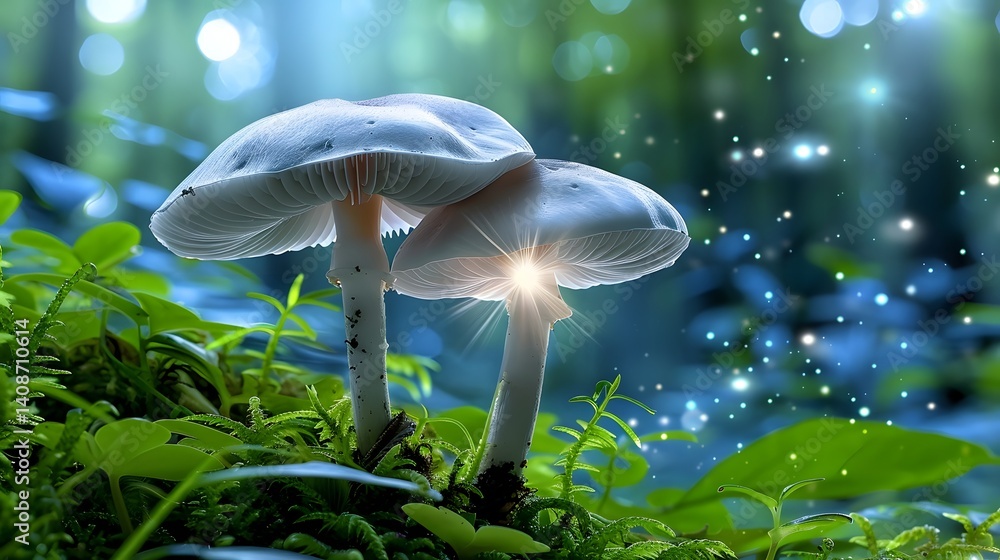 Glowing mushrooms in a lush forest setting