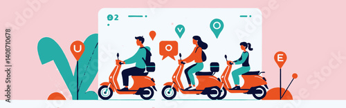 Three_people_ride_orange_scooters_in_front_of_a_map_illustration_with_location_pins_on_a_pink_background_with_teal_leaf_shapes