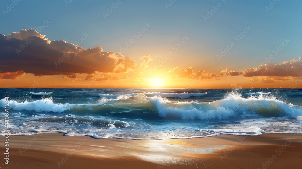 Breathtaking ocean waves at sunset on a tropical beach