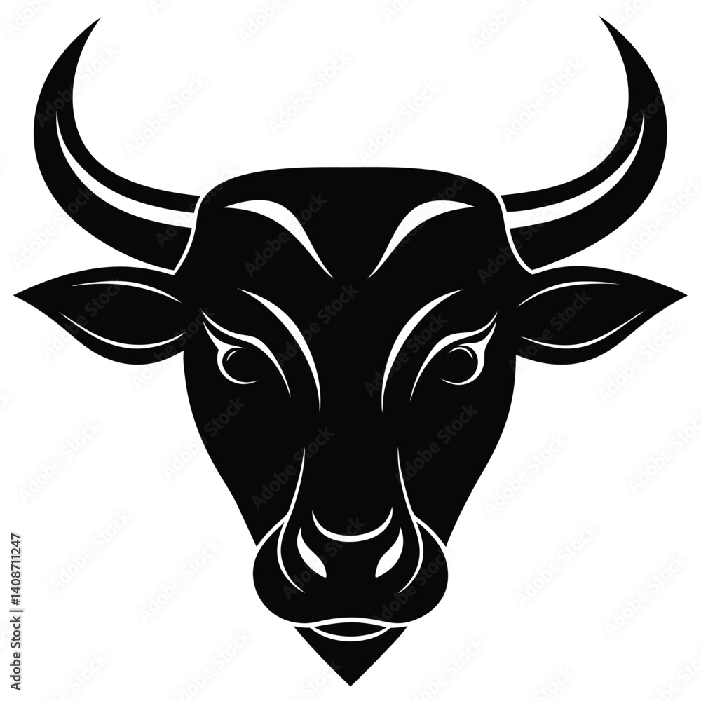 Fototapeta premium Black Silhouette of a Bull Head with Horns on Transparent Background Iconography