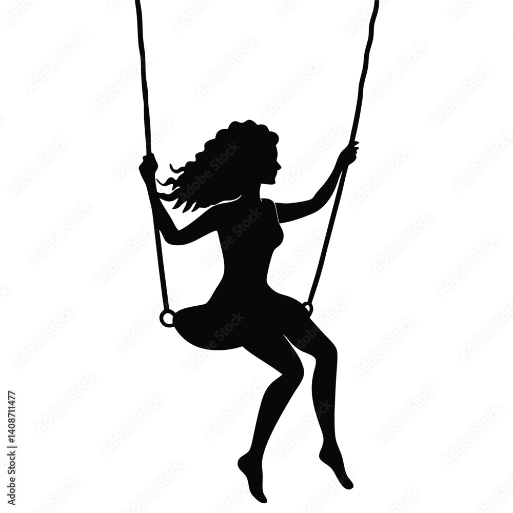 Obraz premium Black Silhouette of Curly Hair Woman Sitting on a Swing with Transparent Background